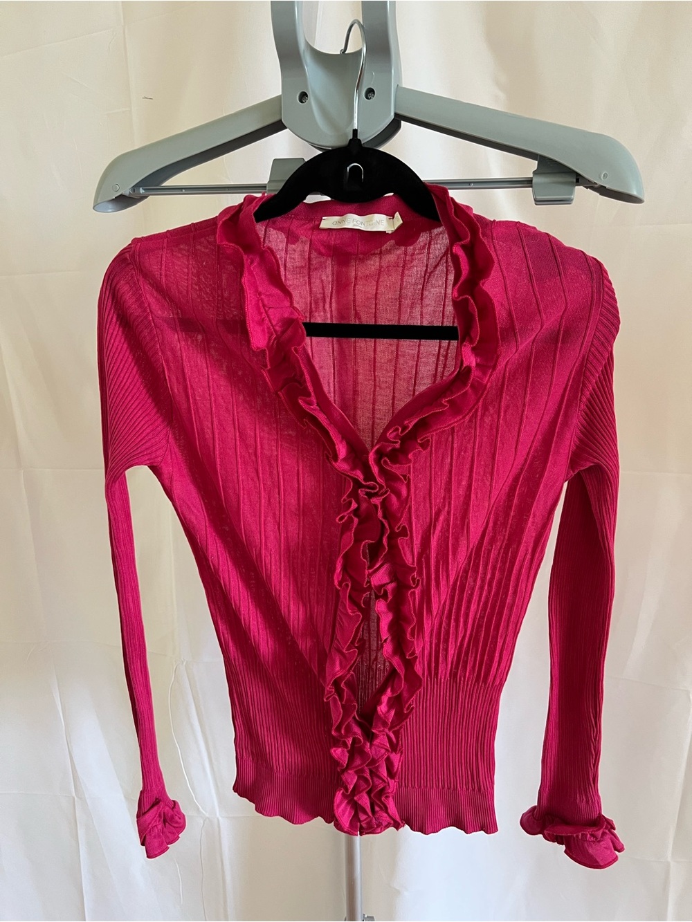 Anne Fontaine Hot Pink Ribbed Ruffle Cardigan